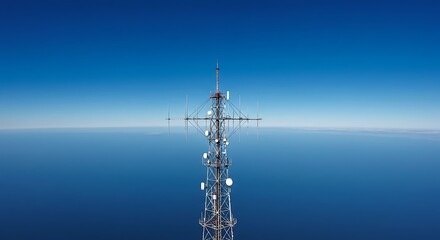 Obraz premium Telecommunications tower rising above the ocean horizon under a clear blue sky landscape