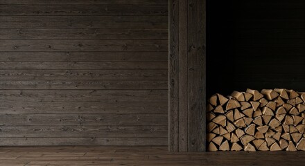 A contemporary interior design showcases a textured dark wood wall and floor, complemented by a warm stack of natural firewood logs within a deep, dark alcove.