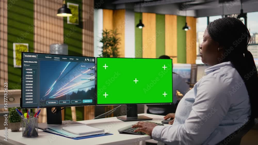 Poster engineer in office using electrical grid infrastructure data on green screen pc to do energy audits.