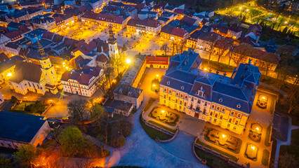 Sunset aerial view of Pszczyna castle park in Poland