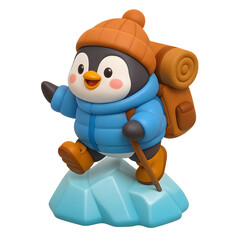 Cute Cartoon Penguin Hiker on Iceberg, 3D Icon Illustration