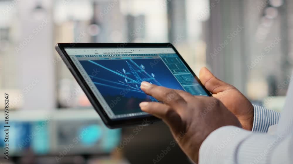 Poster close up of engineer using tablet to design power line towers in office. rd department specialist us
