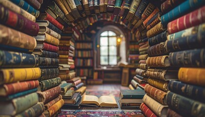 Vintage library interior with shelves full of old books forming an archway, symbolizing knowledge, history, and the timeless value of literature as cultural and intellectual treasure