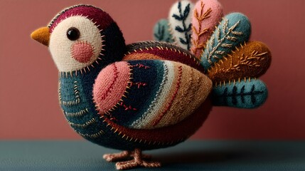 Thanksgiving turkey crafted from colorful yarn and fabric patches, celebrating fall decorations and handmade artistry