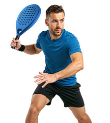 Focused male padel player in blue shirt preparing forehand strike on isolated transparent background