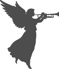 Silhouette of an angel playing a trumpet.
