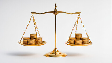 A classic golden scale with a perfectly balanced pile of gold coins on each side. This image represents financial equity, balanced investment, fair trade, justice.