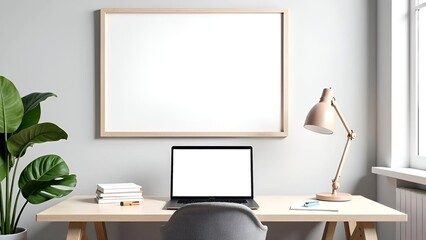 Stylish modern inrerior living room design, table, armchair, laptop with empty screen, white wooden frame for painting an wall mock up, green plant