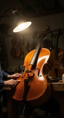 A luthier's hands meticulously adjust a rich brown wooden cello under a bright lamp, with other string instruments subtly blurred in the background of a workshop.