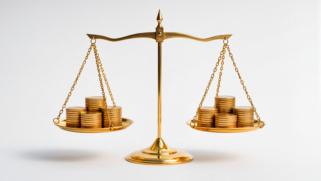 A classic golden scale with a perfectly balanced pile of gold coins on each side. This image represents financial equity, balanced investment, fair trade, justice.