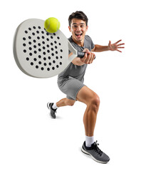 Male Asian padel player leaping forward while swinging racket while smiling cheerfully