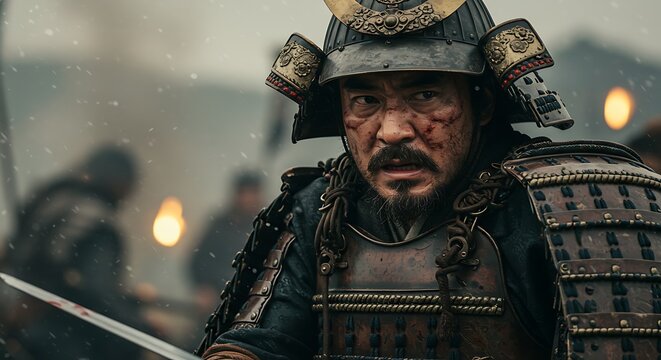 Portrait of determined asian warrior in battle armor amidst a snowy battlefield scene