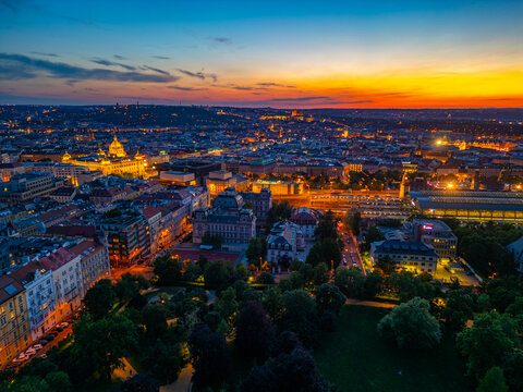 Sunset view of Prague from Rieger orchards in Prague, Czech repu