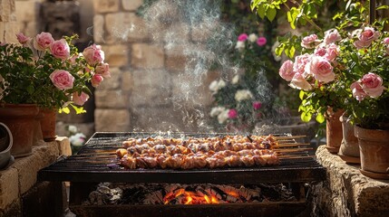 Outdoor grilling barbecue skewers with roses and smoke for summer picnic garden party food photography