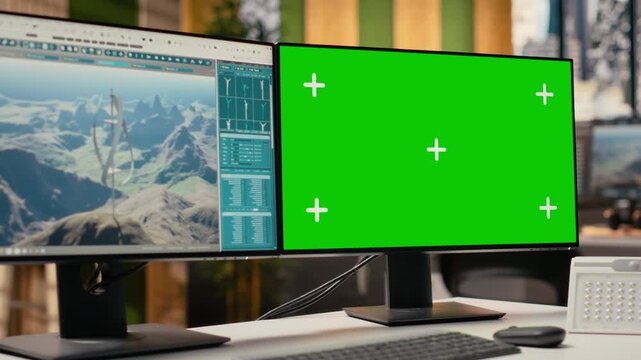 Wind turbine simulation on green screen mockup PC in RD office. CAD program interface on chroma key computer supporting renewable energy engineering and sustainable technology innovation