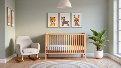 A cozy, modern baby nursery with soft green walls. A wooden crib stands in the center, flanked by a rocking chair and a leafy plant. The wall art with animal prints adds a playful, charming touch.