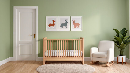 A beautiful baby nursery with pale green walls and a light wood floor. A baby crib and a white rocking chair are placed near a door. The three wall frames with animal art add to the minimalist  space.