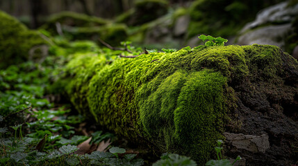 Lush green moss carpets a fallen log in the forest, creating a soft, vibrant, and naturally textured woodland scene.