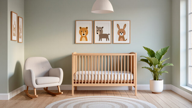 A cozy, modern baby nursery with soft green walls. A wooden crib stands in the center, flanked by a rocking chair and a leafy plant. The wall art with animal prints adds a playful, charming touch. - Powered by Adobe