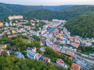 Sunset panorma view of Karlovy Vary and its hotels in Czech repu