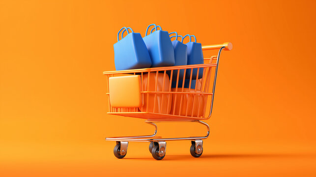 3D minimalist orange shopping cart icon filled with blue bags, set on an orange background for a vibrant, modern design.