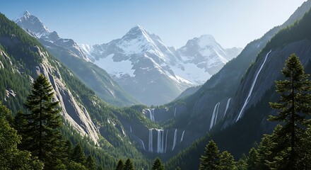 Majestic Mountain Landscape with Cascading Waterfalls and Lush Green Valleys.