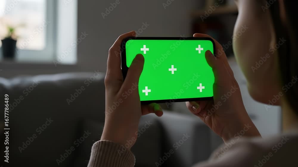 Poster woman in twenties using horizontal green screen phone indoors for mobile app testing and content rep