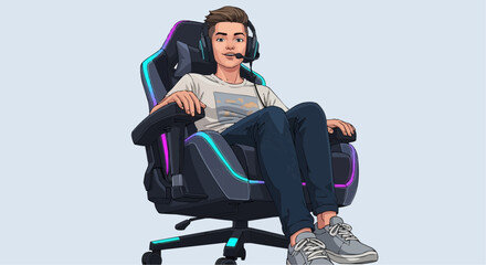 Content creator, digital influencer, stream vector  illustration of gamer sitting in ergonomic gaming chair with headset for professional streaming setup