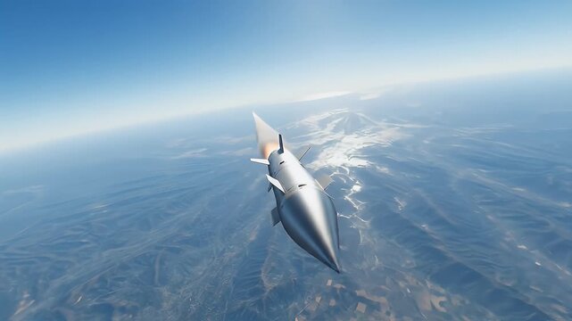 A sleek, futuristic hypersonic missile or spacecraft ascends into the clear blue sky above a vast, detailed landscape.