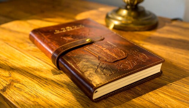 Leather-bound journal on wooden table