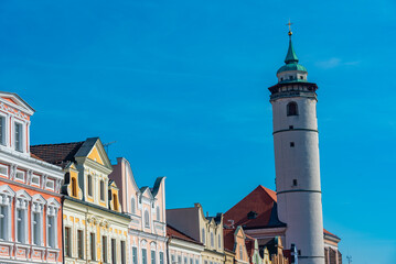Obraz premium Nativity of virgin mary church at peace square in Domazlice, Cze