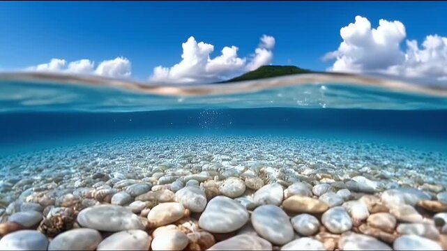 Underwater Paradise - Split-Screen View of Ocean, Sky, and Island.
