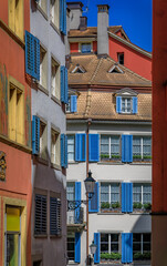 Historic old town street with traditional architecture in Zurich, Switzerland