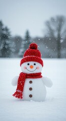 Fototapeta premium A cheerful snowman with a red hat and scarf stands in a snowy park on a winter day