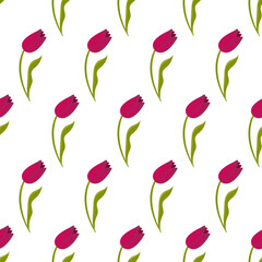 Red tulips in cartoon style. Cute spring flowers. Seamless pattern. Vector illustration.