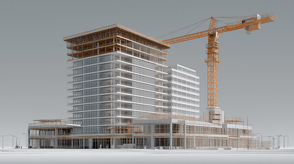 A digital 3D model of a building under construction, showcasing architectural design, structural details, and modern engineering visualization techniques.