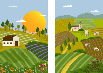 Rural landscape with green fields and farm buildings. Farming in the countryside. Houses, fields with harvest, sunny day. Agriculture concept illustration. Vector 