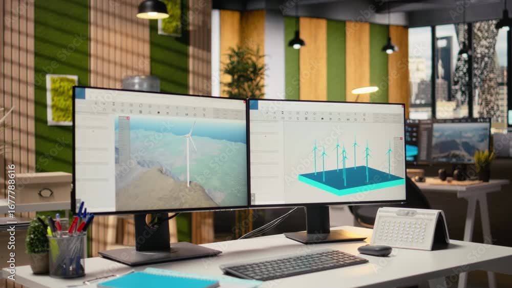 Aufkleber wind turbine simulation on pc screens in research and development office. cad software on computer m