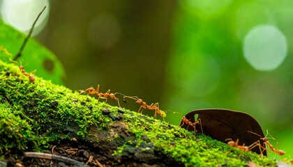Obraz premium A forest log covered in moss, displaying a captivating line of industrious ants carrying a leaf fragment.