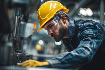 Focused male technician in protective gear working at industrial machine closely. Concept for industrial production, manufacturing process and skilled labor expertise