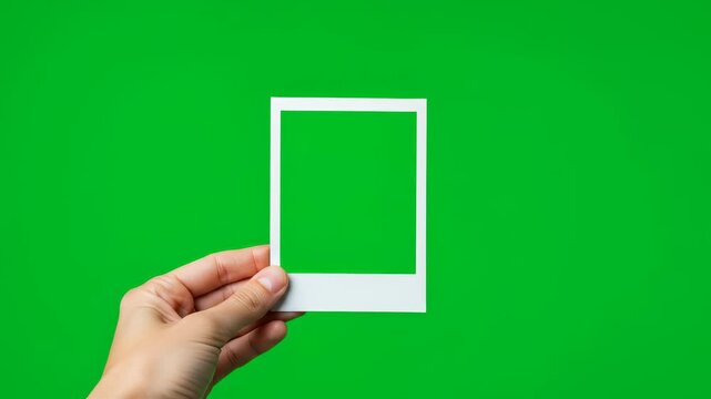 Hand holding blank Polaroid photo frame against green screen, perfect for digital mockup and personalized insertions.