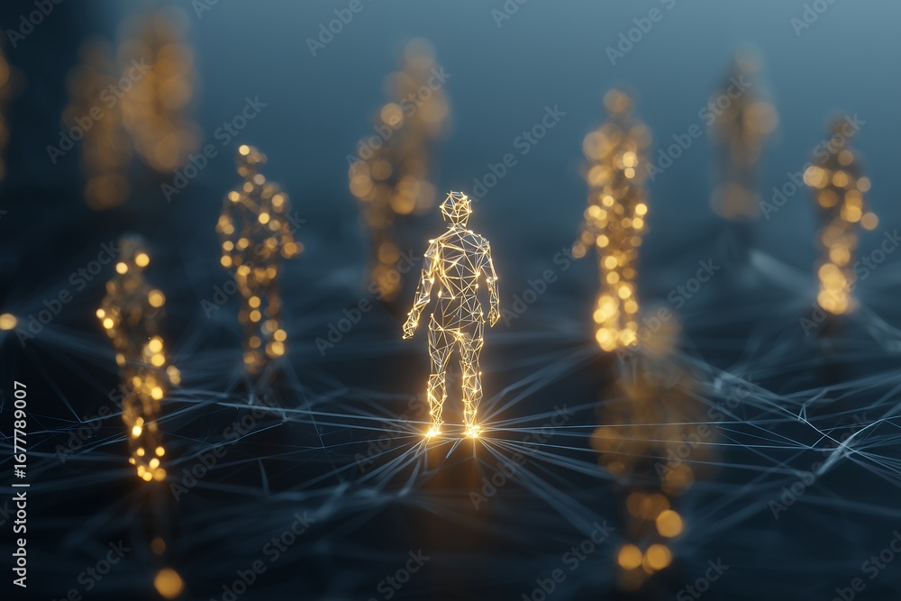Poster abstract glowing digital human figures stand on a network surface. concept for artificial intelligen