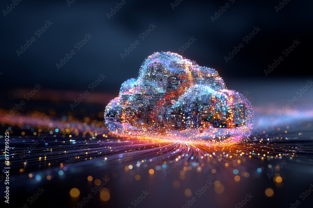 Poster abstract digital cloud constructed from luminous particles with light rays streaming towards it. con