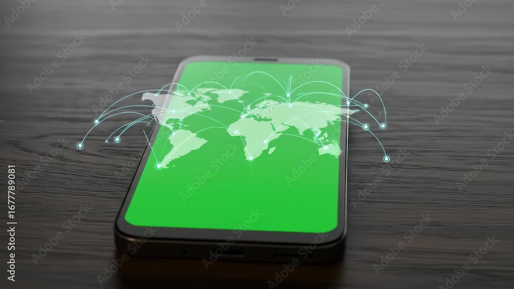 Poster global connectivity showcased on a smartphone screen displaying a world map with data links across c
