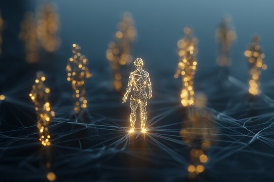 Abstract glowing digital human figures stand on a network surface. Concept for artificial intelligence, virtual communication and digital transformation