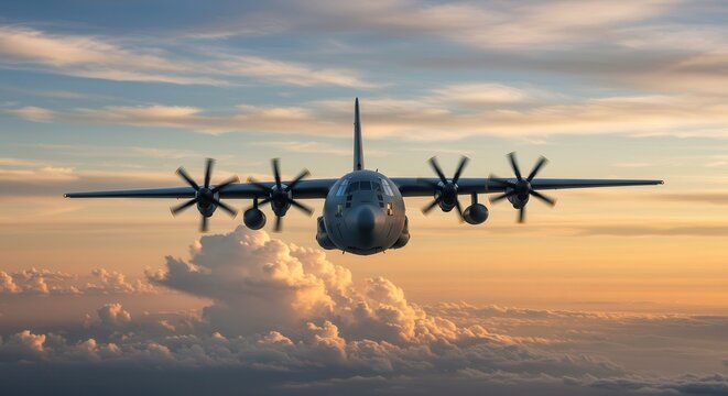 A c130 aircraft soars through the sky, its propellers spinning against a backdrop of clouds