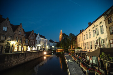 Twilight Over Rozenhoedkaai and the Church of Our Lady - Bruges, Belgium