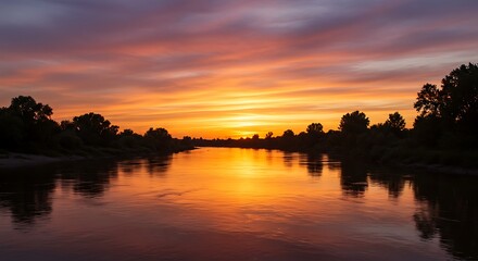 Reflections of Golden Hour: A Serene River Landscape at Sunset with Vibrant Skies