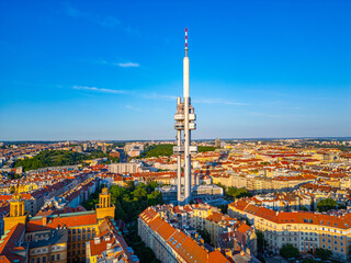 Obraz premium Sunset panorama view of Zizkov TV tower overlooking Prague, Czec