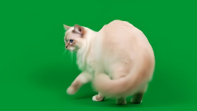 Majestic Birman cat with piercing blue eyes turns elegantly against a vibrant green screen, displaying its beautiful long fur and curious nature.